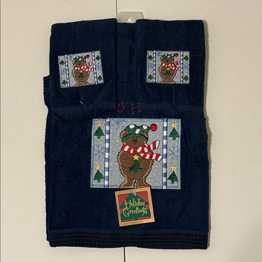 Vintage Bear Holiday Towel Set 1 Bath Towel 2 Hand Towels Navy Blue New